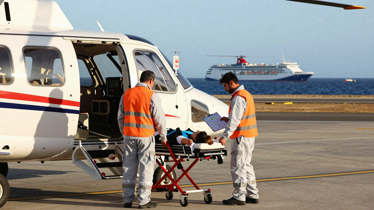 Equipe médica prepara paciente em maca ao lado de helicóptero em área próxima ao mar, com navio ao fundo.