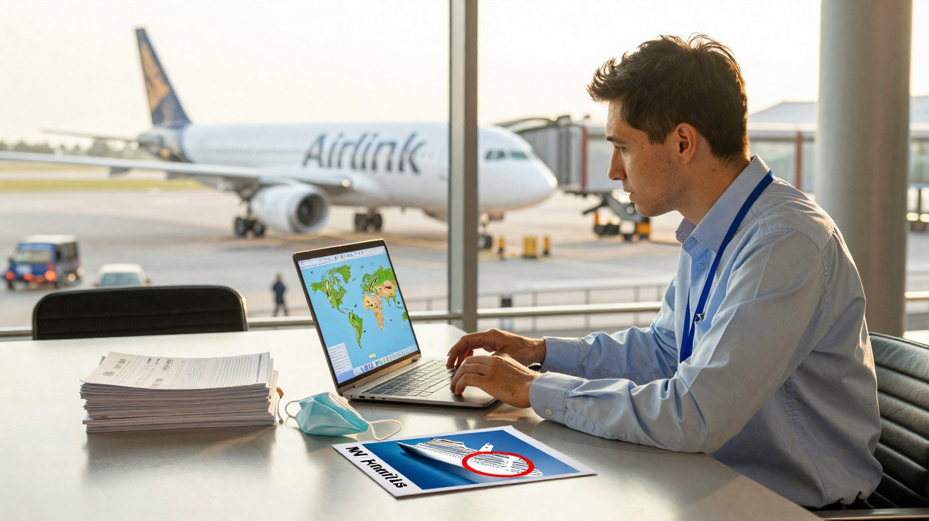 Homem sentado em mesa no aeroporto, usando notebook com mapa mundial, máscara e documentos de viagem.