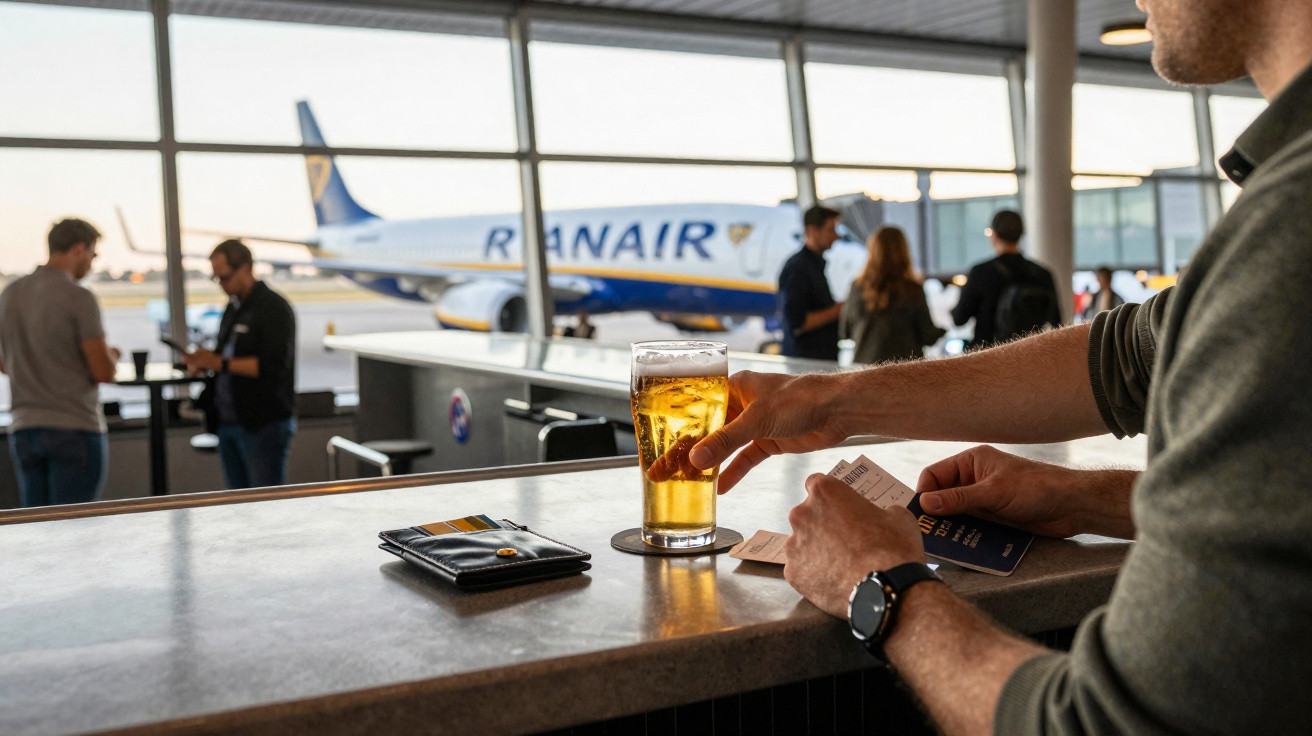 Pessoa segurando uma bebida em copo no balcão de aeroporto, com passaporte e cartão na mão e avião ao fundo.