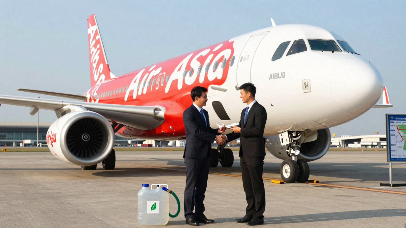 Dois homens em terno se cumprimentam em frente a avião da AirAsia no aeroporto, com galão de combustível verde.