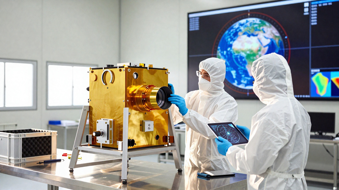 Dois cientistas em trajes de proteção ajustam equipamento espacial dourado em laboratório com tela do planeta Terra ao fundo.