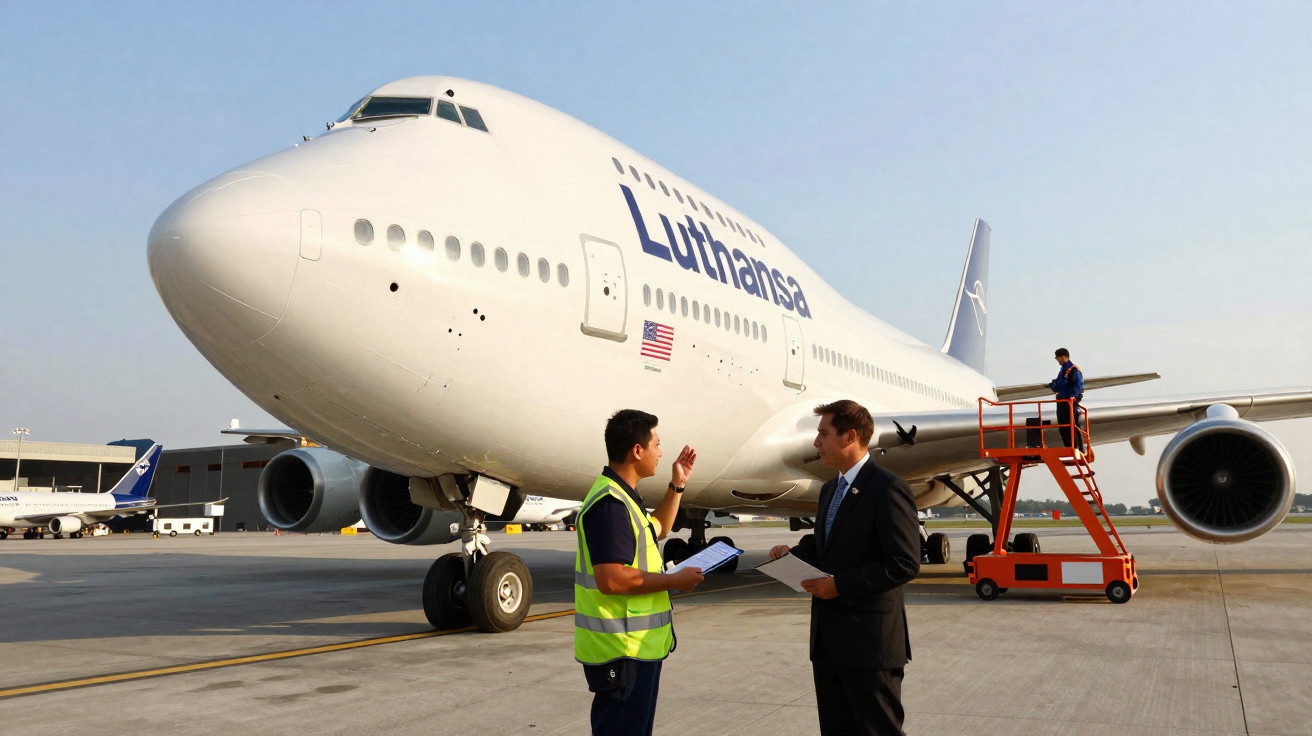 Avião da Lufthansa no aeroporto com dois homens conversando em primeiro plano e técnico na escada próxima à asa.