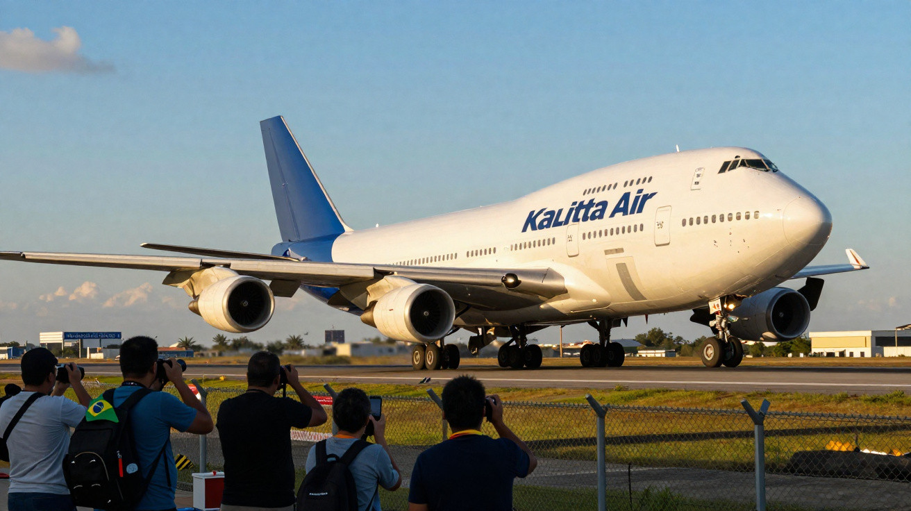 Avião Kalitta Air taxiando na pista com pessoas registrando o momento próximo à cerca do aeroporto.