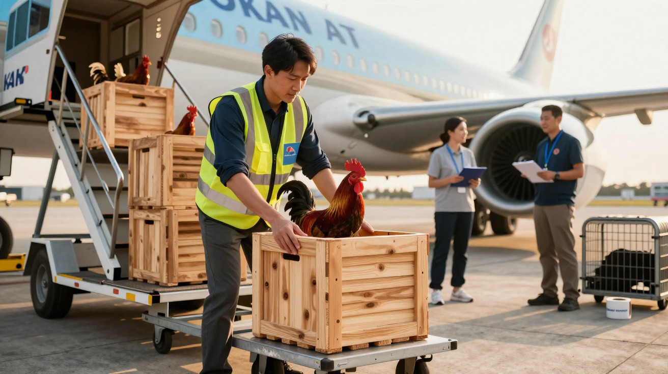 Funcionário de aeroporto move caixa com galo para transporte aéreo, com avião ao fundo e duas pessoas conversando.