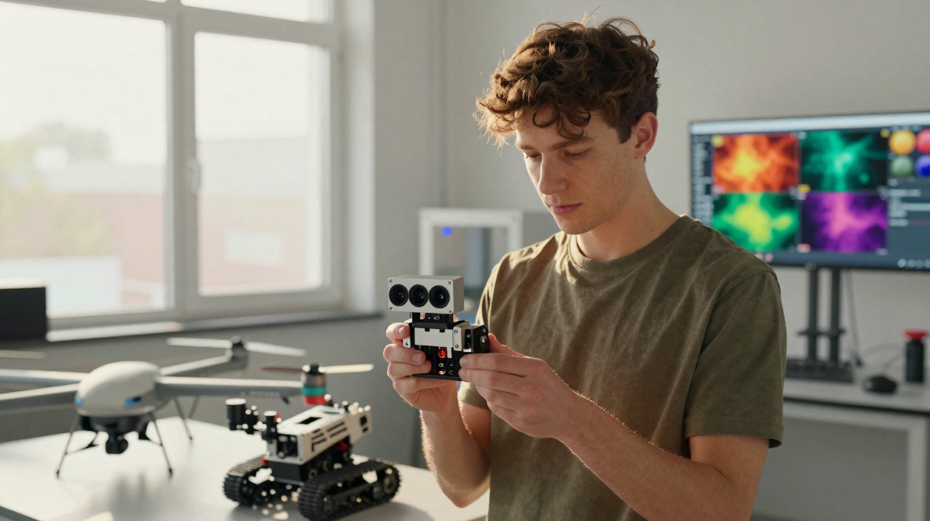 Jovem segurando e analisando robô em ambiente de laboratório com drone e monitor ao fundo.