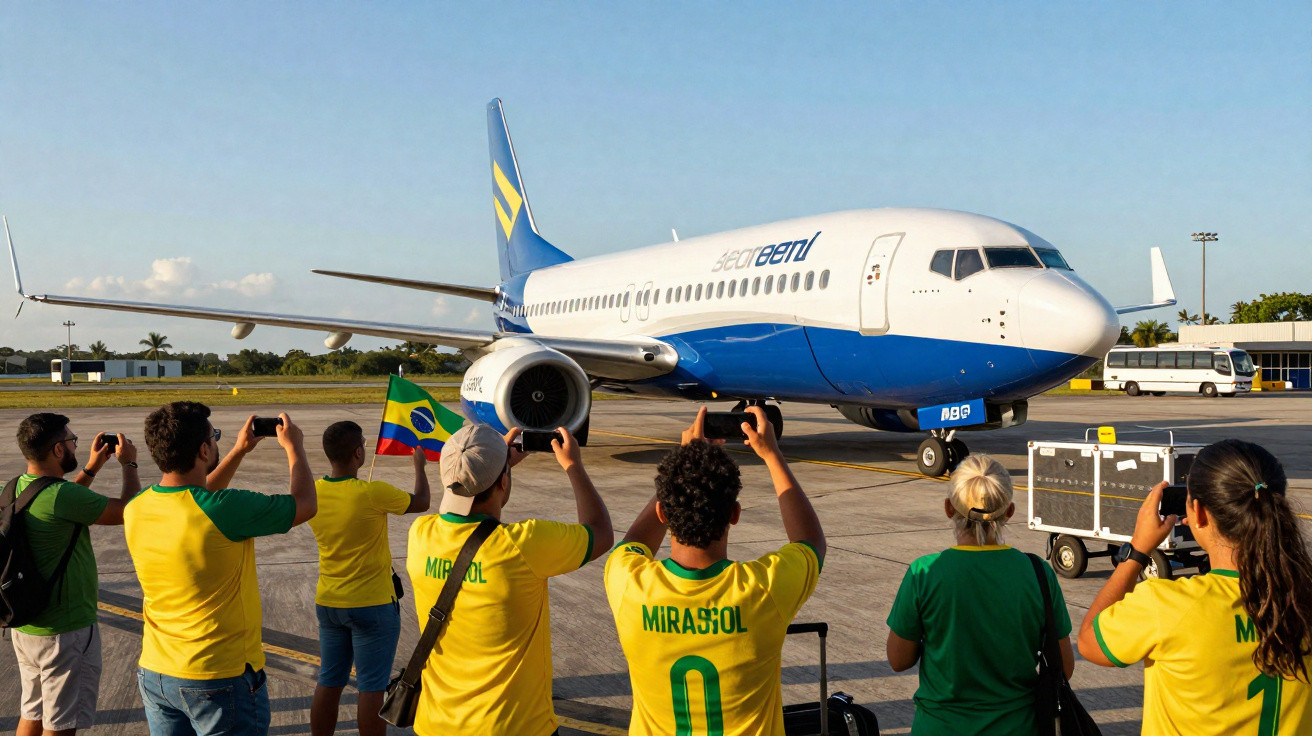 Grupo de torcedores com camisas amarelas e verde fotografando avião branco e azul no aeroporto.