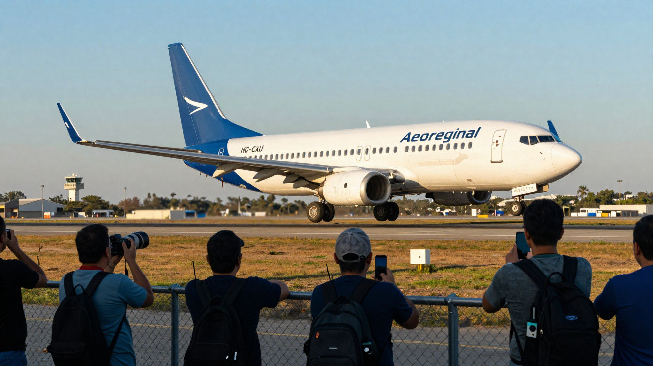 Avião da Aeroreginal taxiando em pista enquanto cinco pessoas fotografam e filmam.