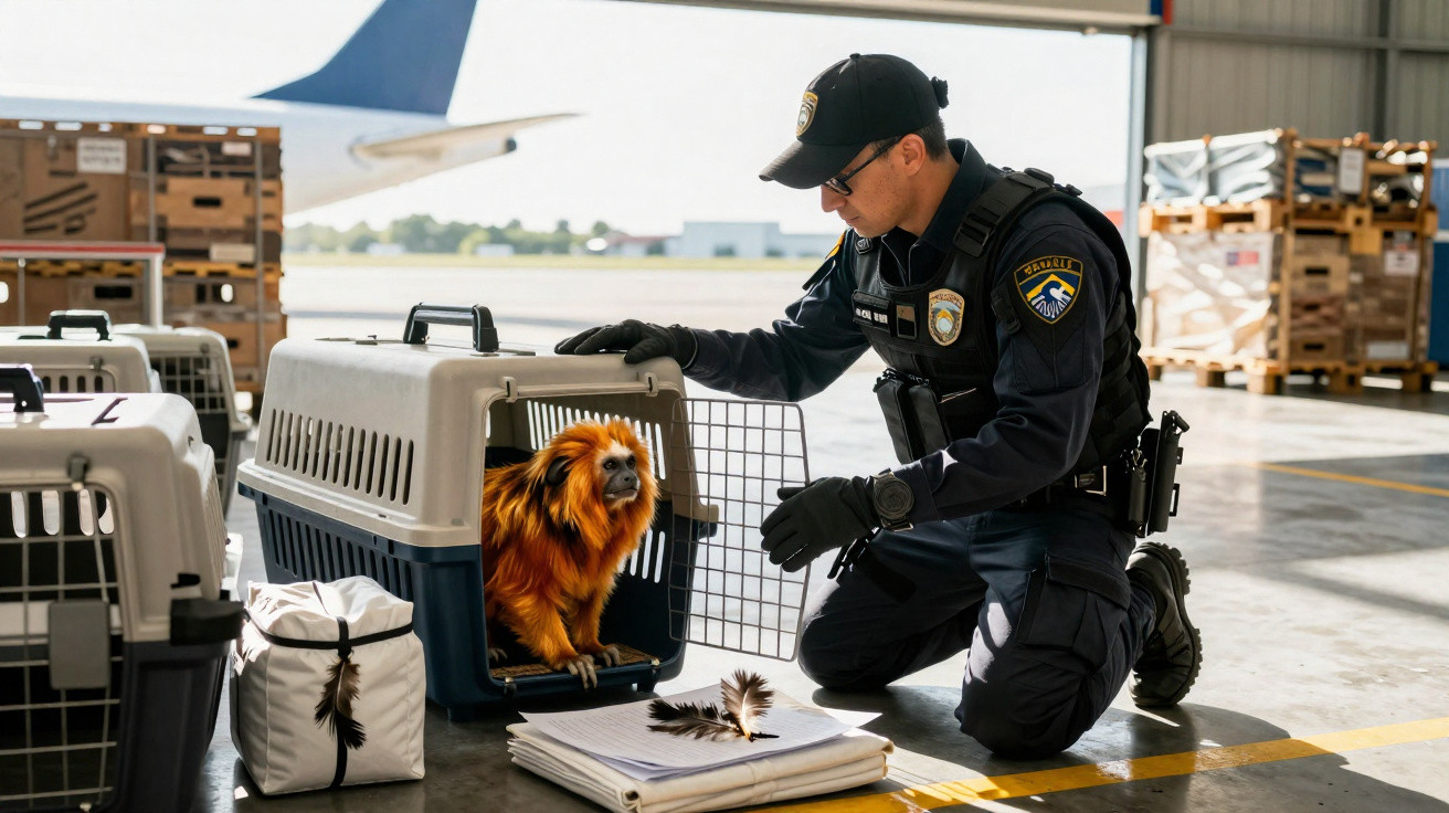 Policial em uniforme inspecionando cão em caixa de transporte em hangar com aviões e caixas ao redor.