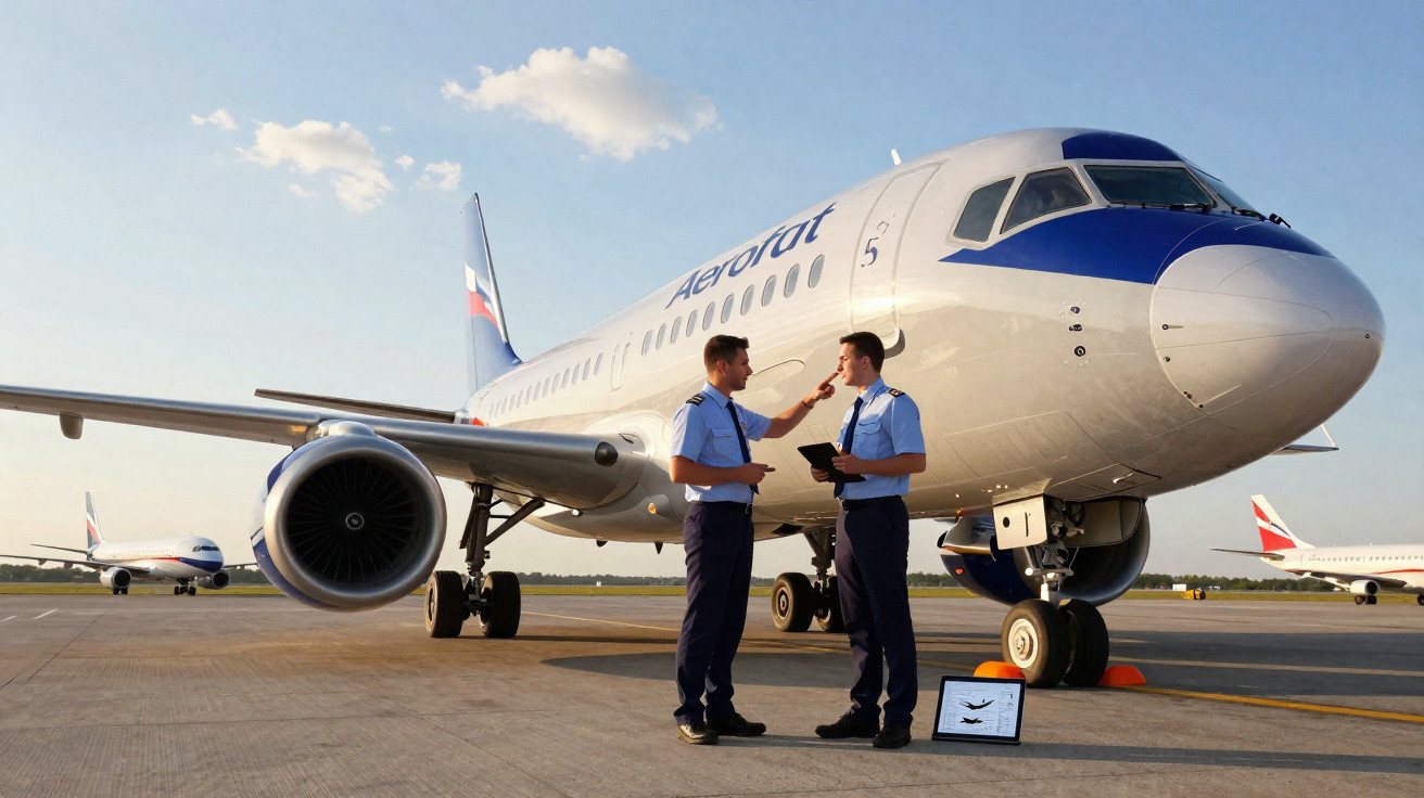 Dois pilotos com uniformes azuis conversam em frente a um avião comercial da Aeroflot estacionado no aeroporto.