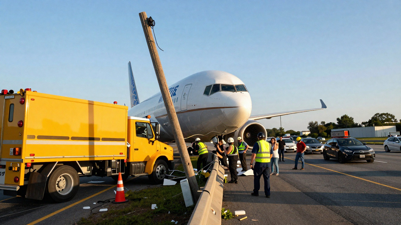 Avião da United Airlines parado na estrada após acidente, com equipe de emergência e caminhão amarelo no local.