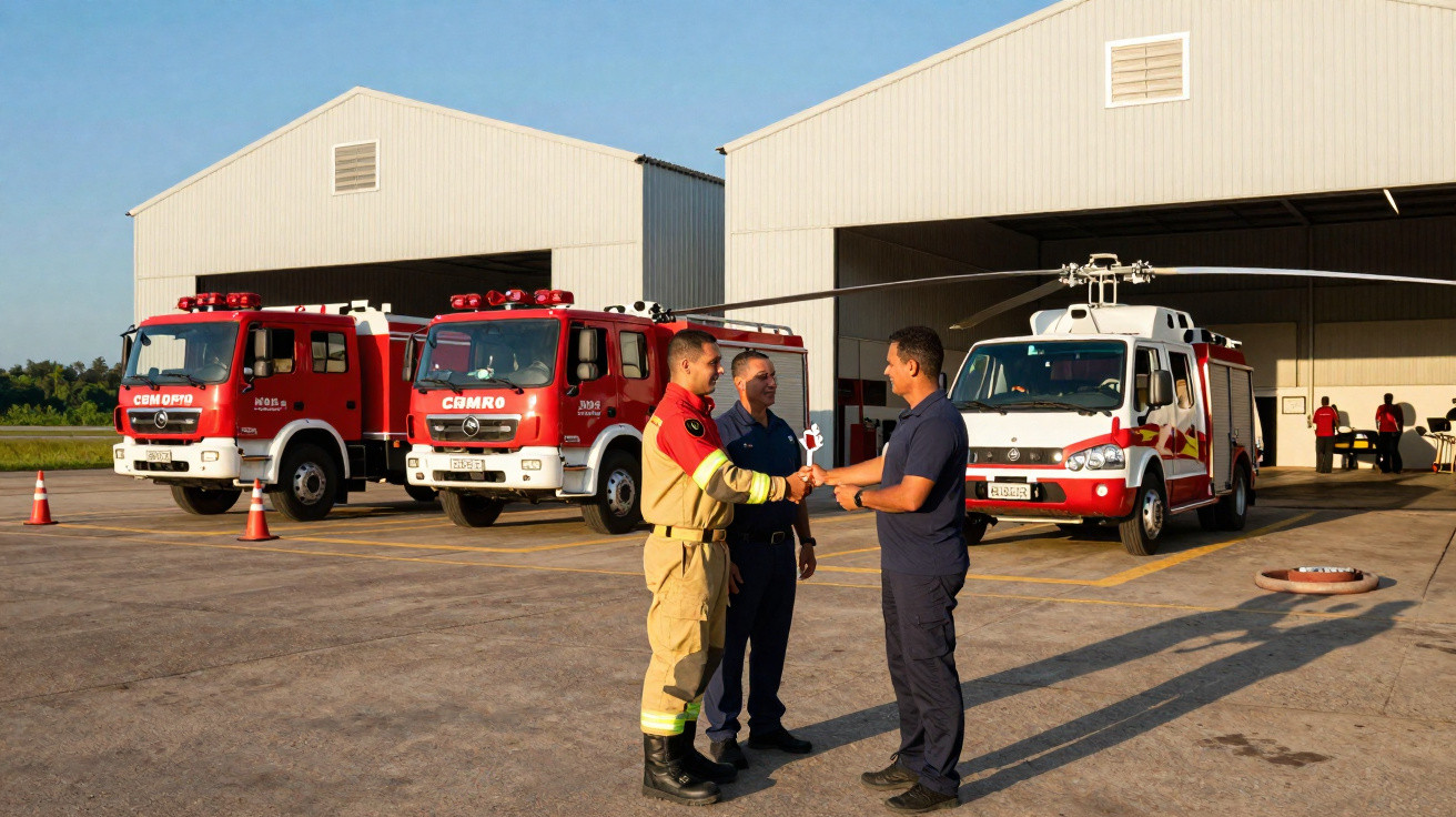 Três bombeiros conversam em pátio com dois caminhões de bombeiros e uma ambulância ao fundo.