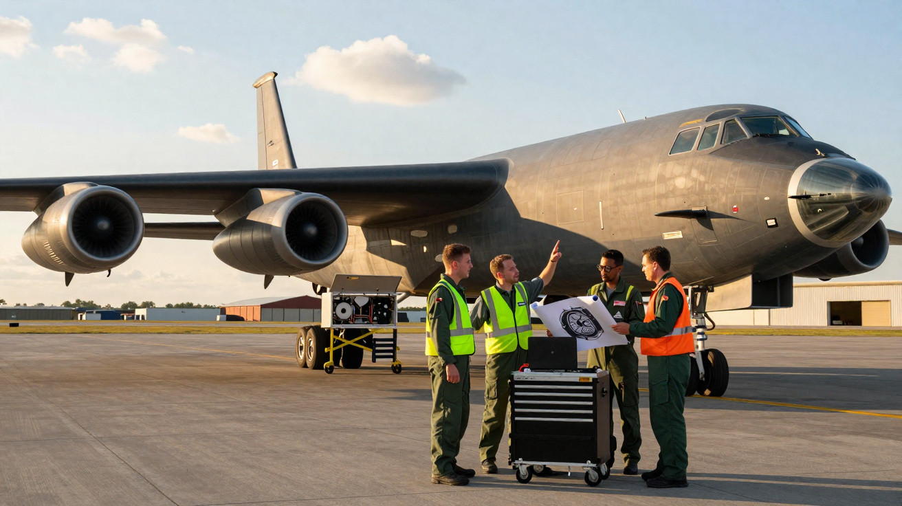 Quatro técnicos em coletes refletores discutem plano diante de avião militar estacionado em pista ao entardecer.
