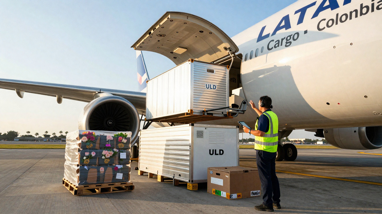 Funcionário carrega container de carga em avião da LATAM no aeroporto ao entardecer.