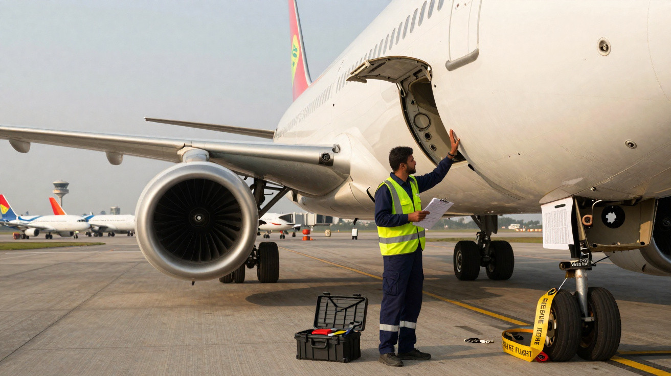 Homem com colete refletivo inspeciona avião estacionado no aeroporto durante o dia.