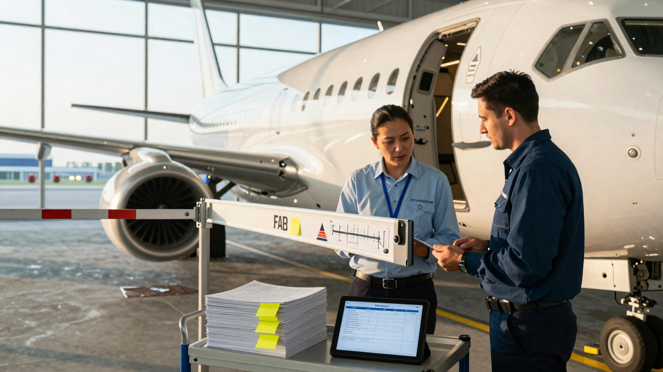 Funcionários da aviação civil revisando documentos e planilhas ao lado de uma aeronave no hangar.