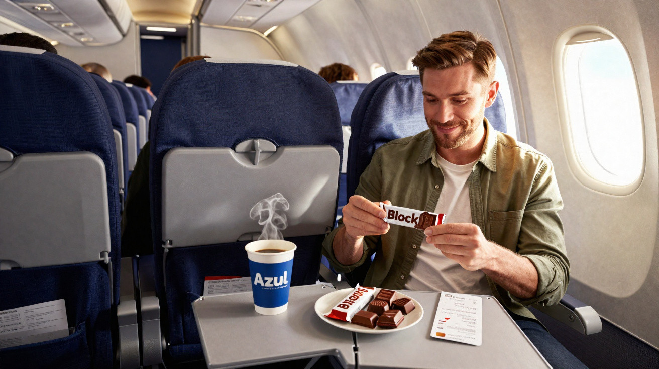Homem sorrindo desembalando chocolate com café quente na bandeja dentro de avião Azul.