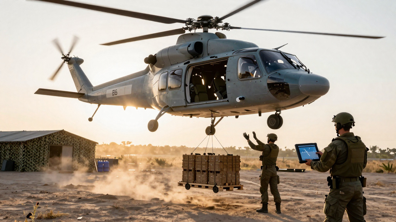 Helicóptero militar suspenso carregando caixas sendo guiado por soldados em área arenosa ao pôr do sol.