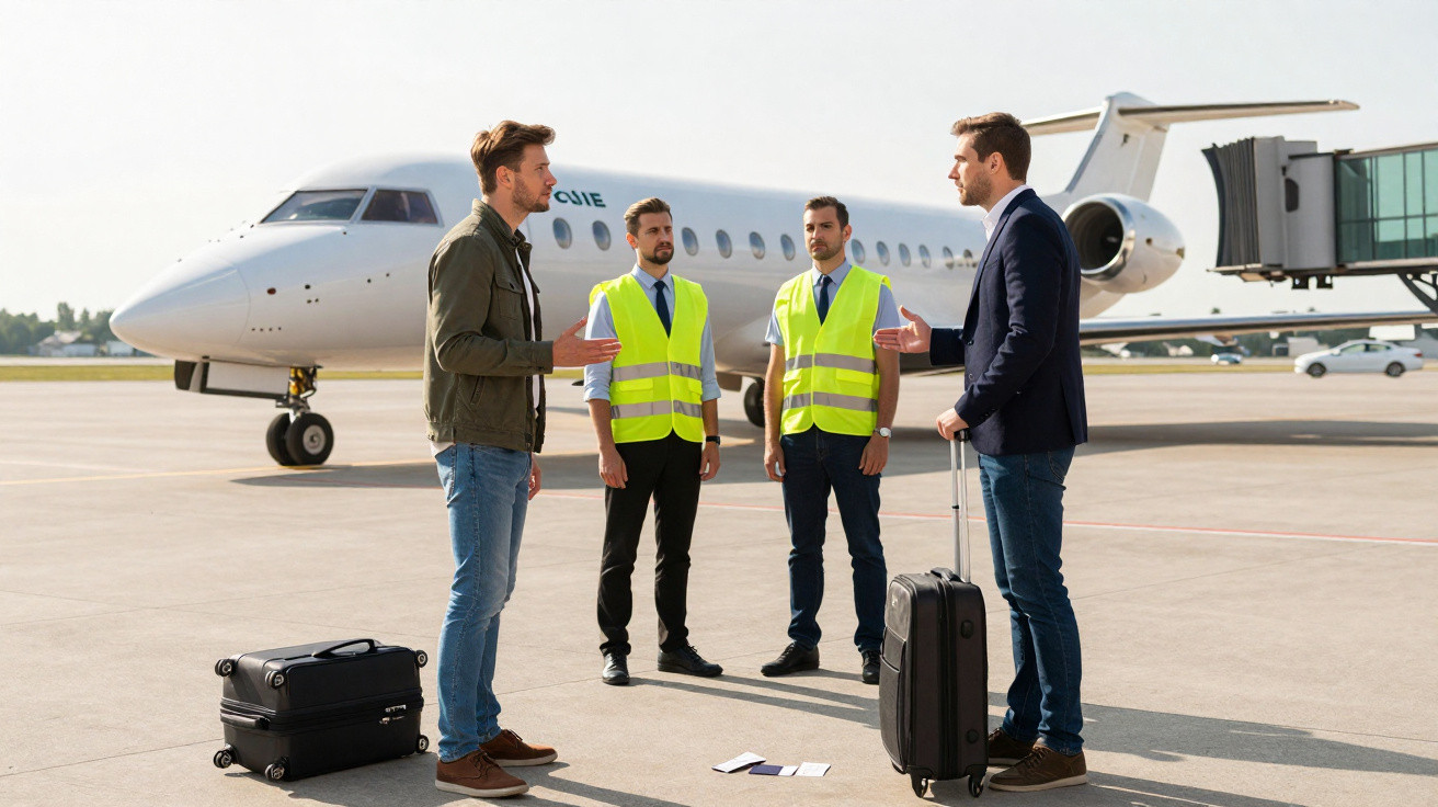 Quatro homens conversando no aviãojato estacionado, dois com coletes reflexivos e dois com malas de viagem.