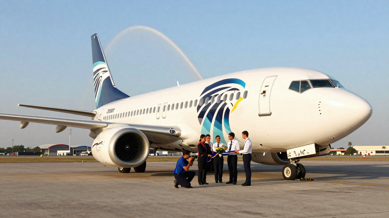 Avião da EgyptAir no aeroporto com equipe em cerimônia de boas-vindas no chão.