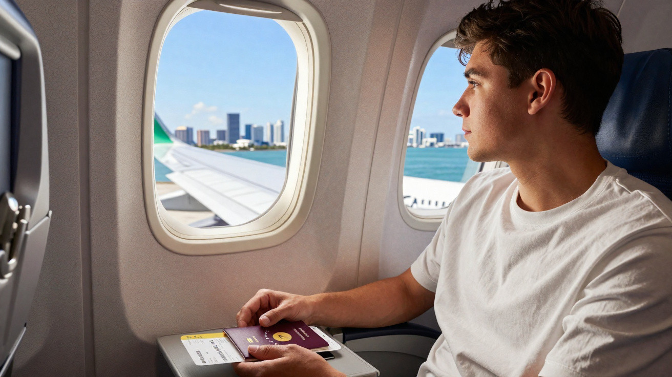 Homem sentado em avião segurando passaporte e cartão de embarque, olhando pela janela para cidade e mar.