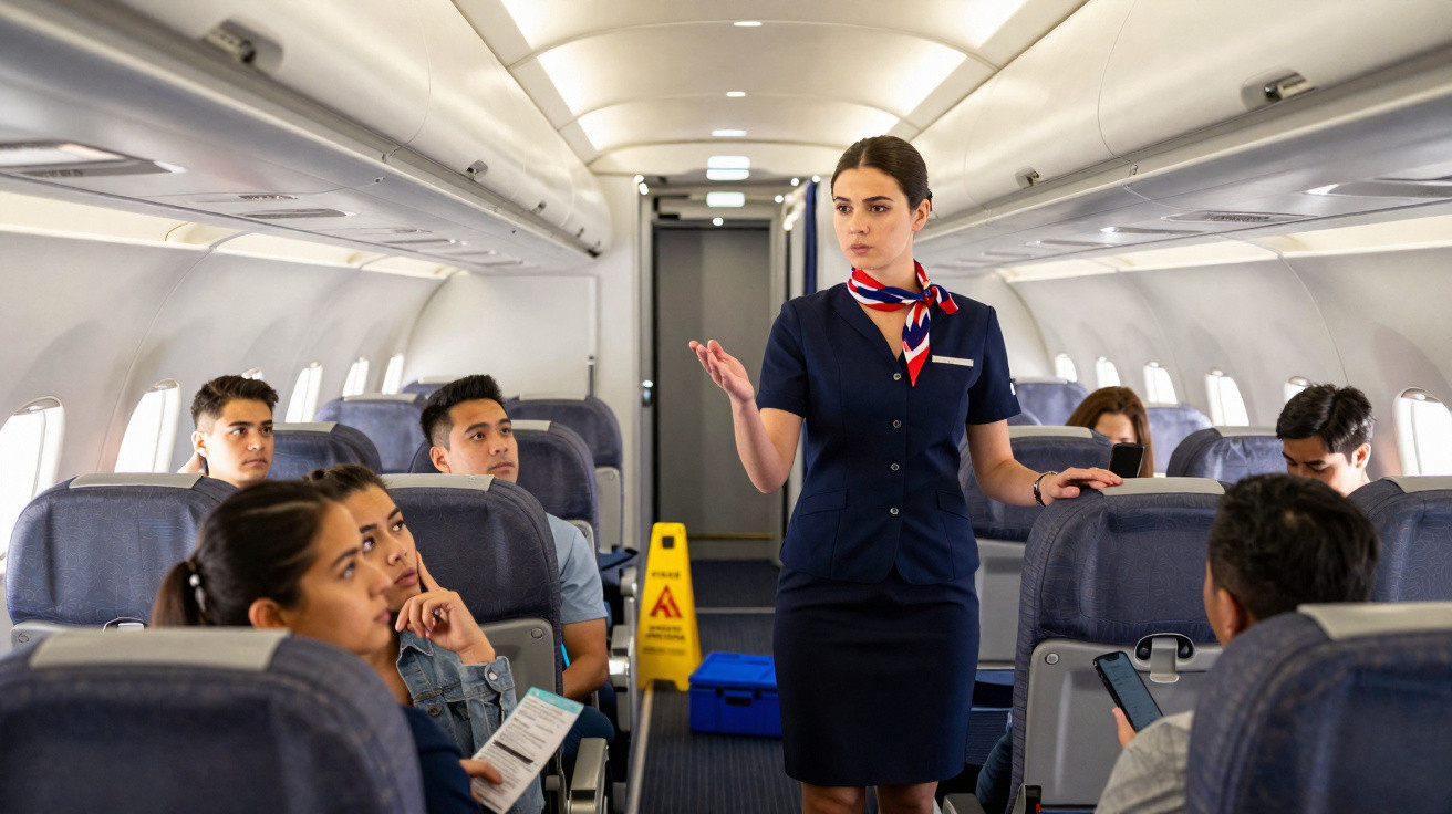 Comissária de bordo realiza instruções de segurança para passageiros dentro da cabine do avião.