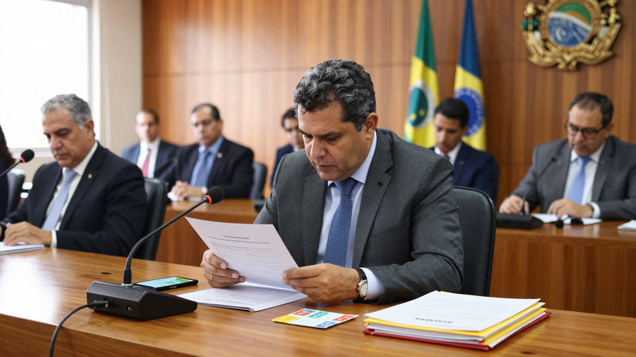 Homem de terno lendo documento em reunião formal com bandeiras do Brasil ao fundo.