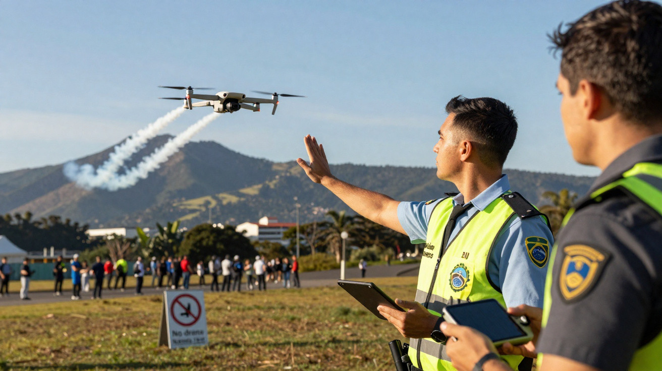 Policiais militares com coletes vigiam drone em voo sobre área aberta com grupo de pessoas ao fundo.