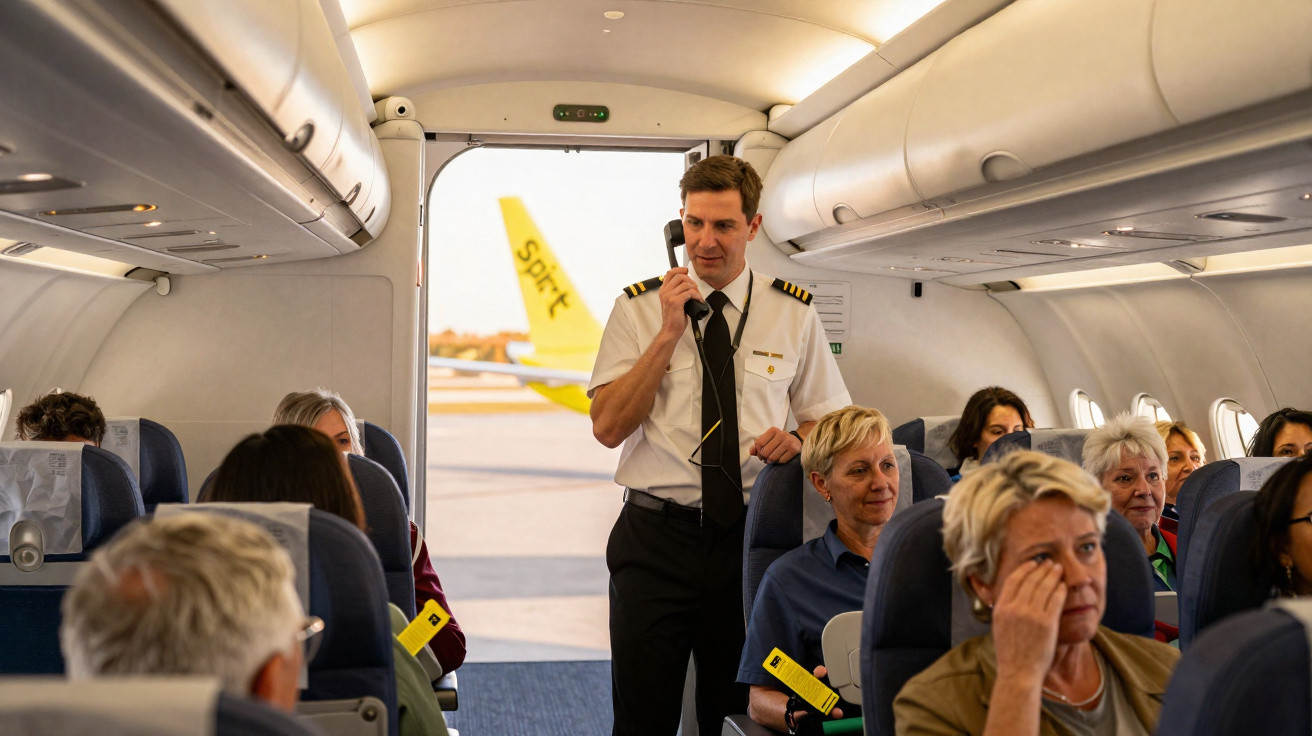 Piloto em uniforme faz anúncio pelos alto-falantes para passageiros dentro de avião com logotipo da Spirit na porta aberta.