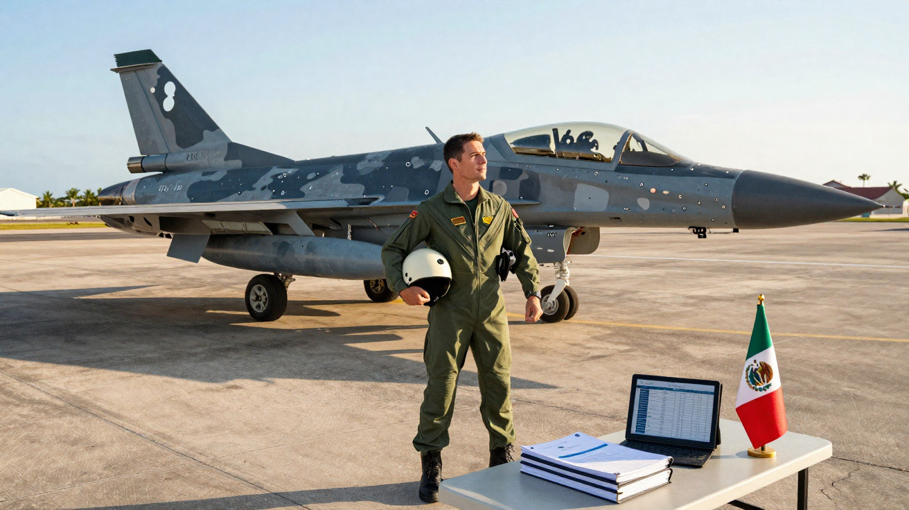 Piloto de caça com uniforme verde segura capacete ao lado de jato e mesa com bandeira do México, laptop e documentos.