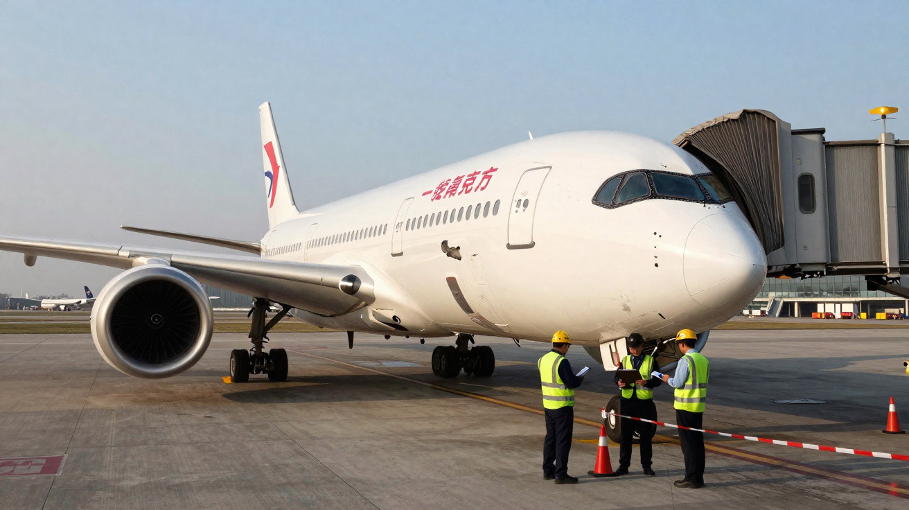 Avião branco estacionado no aeroporto com três funcionários usando coletes e capacetes na pista.