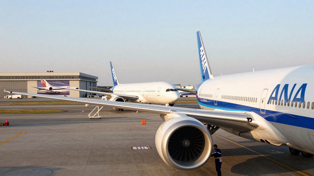 Aviões da ANA estacionados em pista de aeroporto durante o dia com funcionário próximo à turbina.