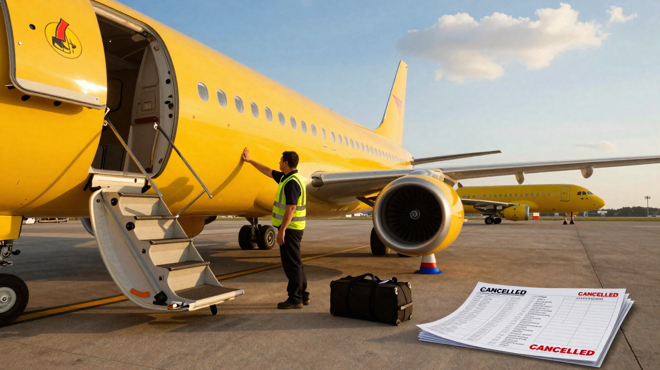 Avião amarelo parado no aeroporto com funcionário ao lado e lista de voos cancelados em destaque.