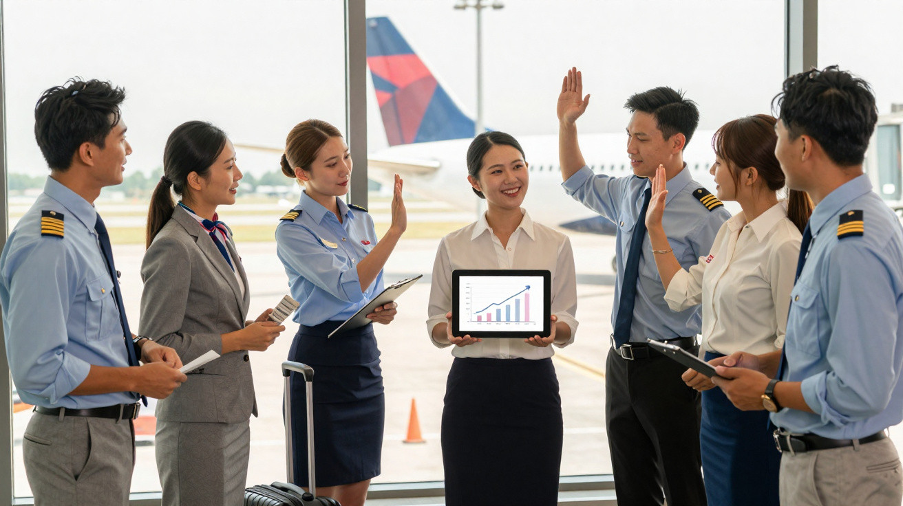 Grupo de comissários em reunião no aeroporto com gráfico de crescimento em tablet.