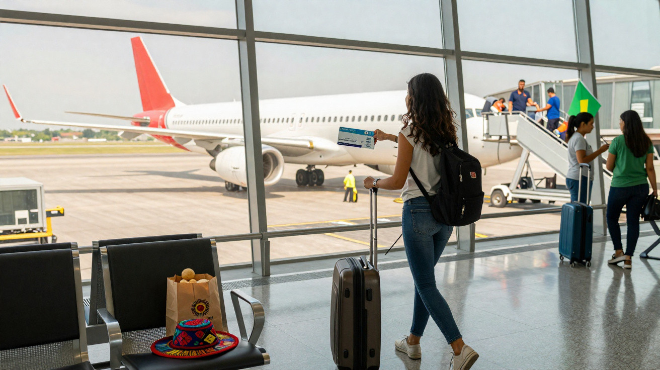 Mulher com mochila e mala observando avião na sala de embarque de aeroporto, segurando cartão de embarque.