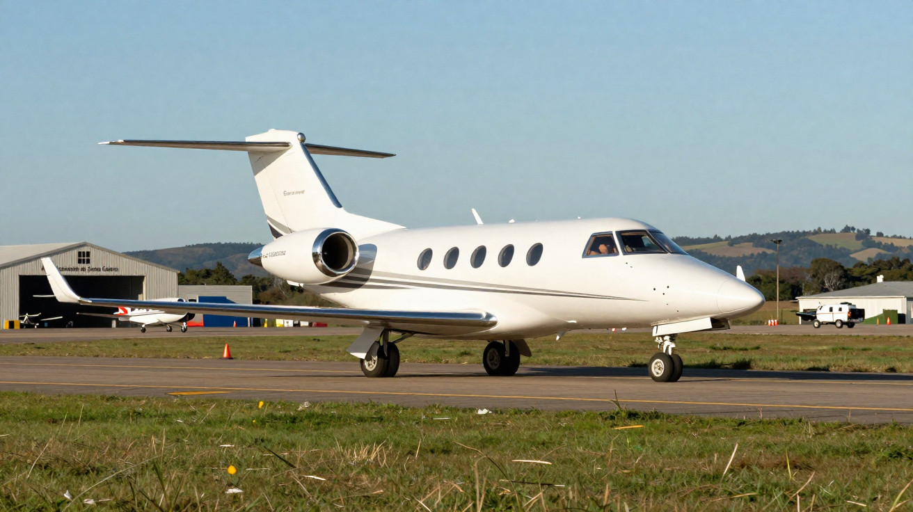 Avião executivo branco taxiando em pista de aeroporto com hangares e colinas ao fundo.