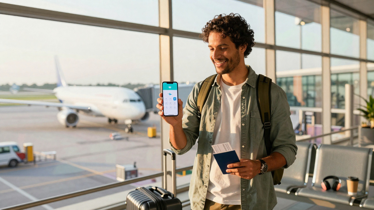 Homem no aeroporto mostra celular com aplicativo de voo, segurando passaporte e mala ao fundo.