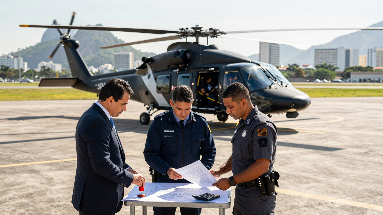 Três homens em uniforme de segurança revisam documentos sobre mesa ao lado de helicóptero preto em heliponto urbano.