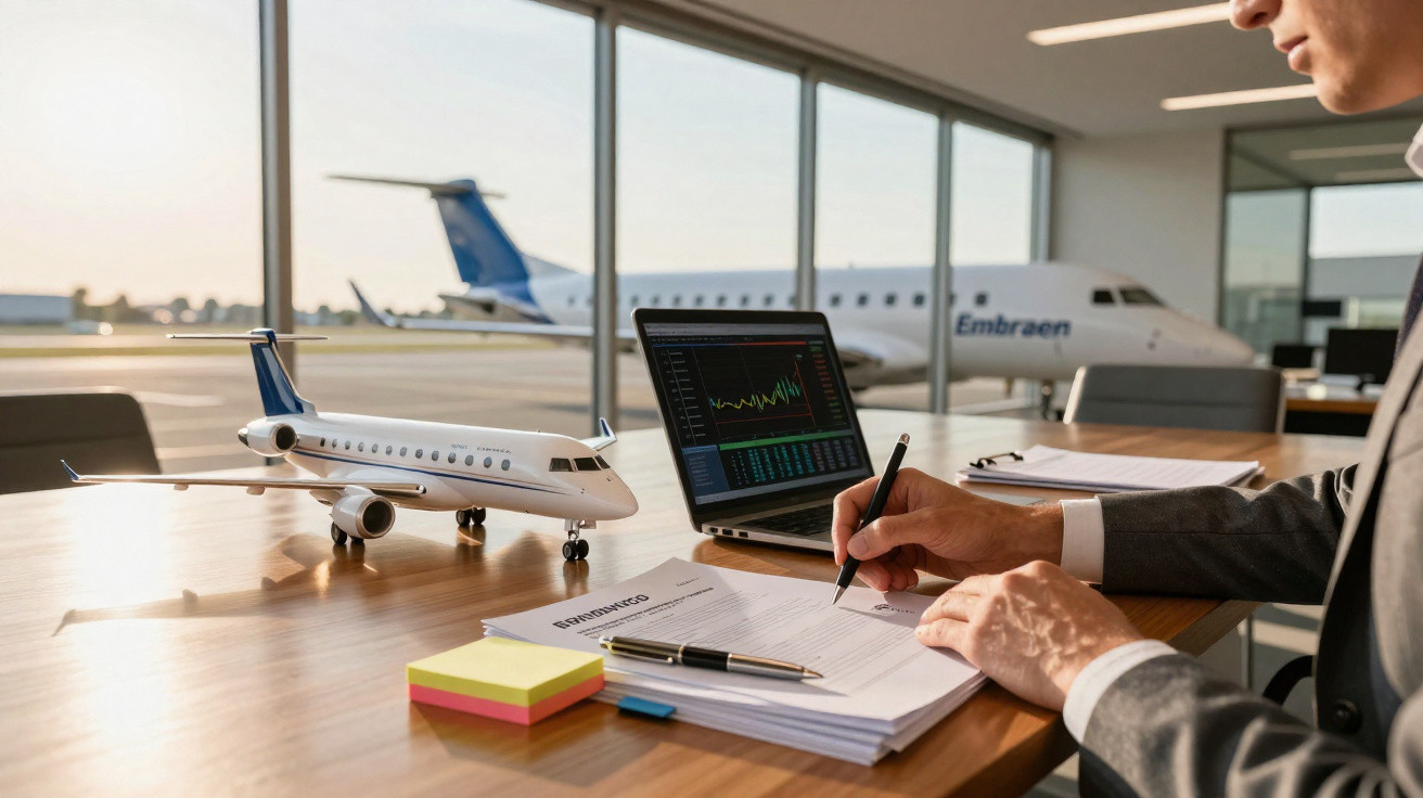 Pessoa analisando documentos e gráficos em laptop, com modelo de avião e jato Embraer ao fundo.
