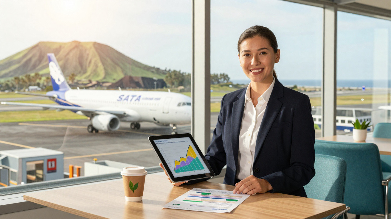 Mulher sorridente em terno exibindo gráfico em tablet com avião e montanha ao fundo no aeroporto.