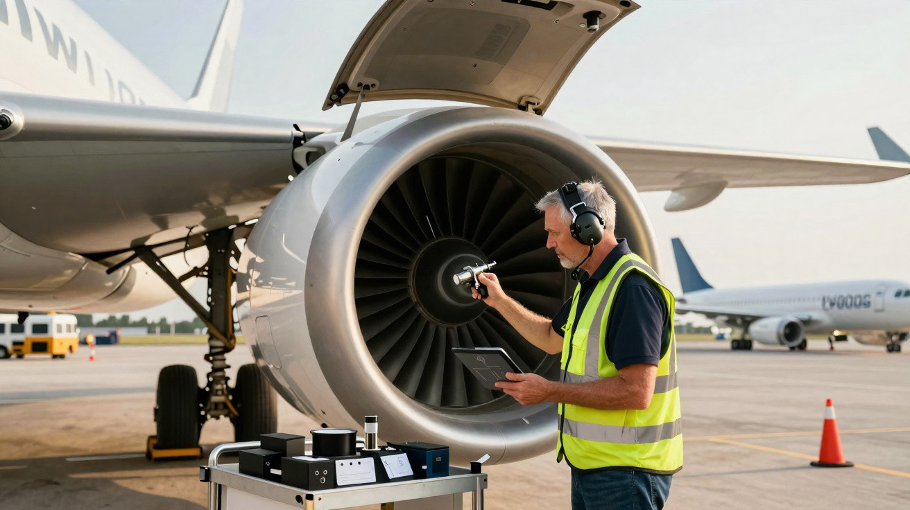 Técnico inspecionando motor de avião com tablet e equipamento em pista de aeroporto.