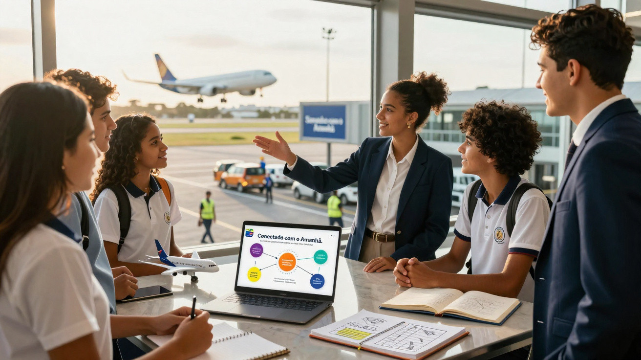 Grupo de jovens em reunião no aeroporto com laptop e avião pousando ao fundo.