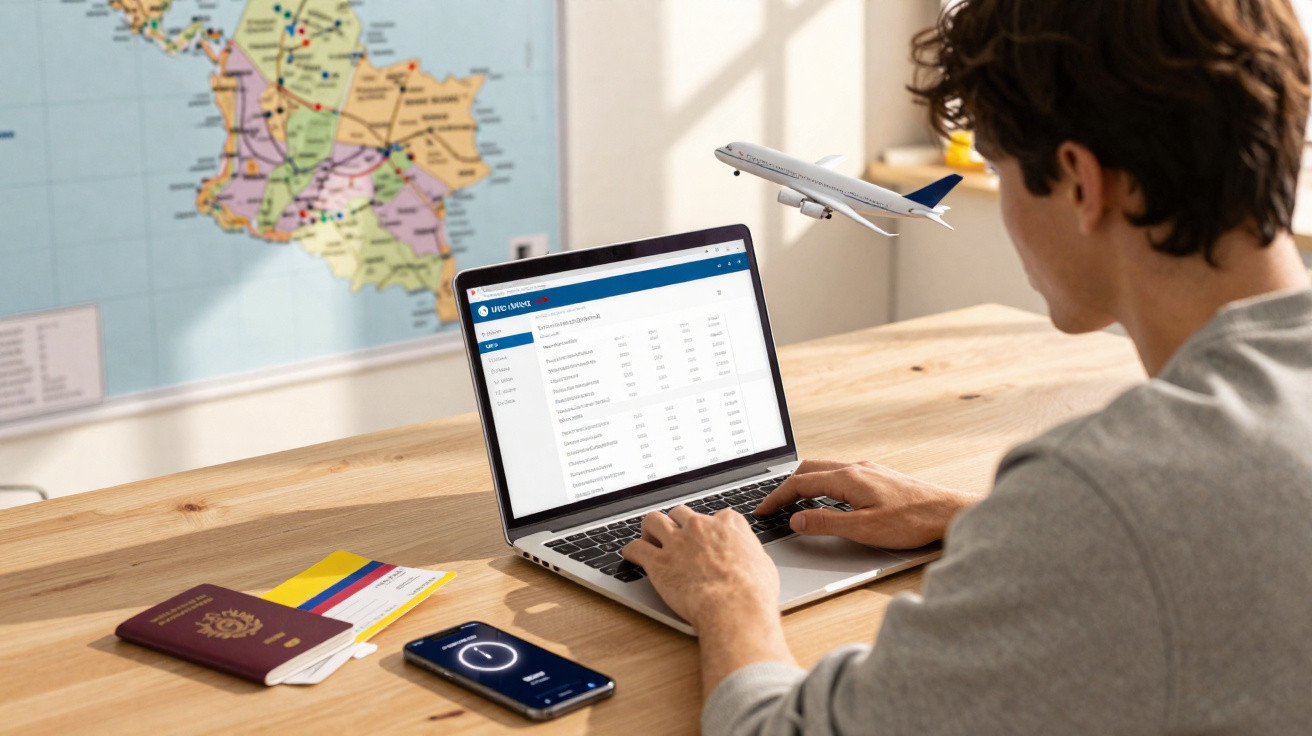 Pessoa trabalhando em laptop com passaporte, celular e mapa, planejando viagem aérea.
