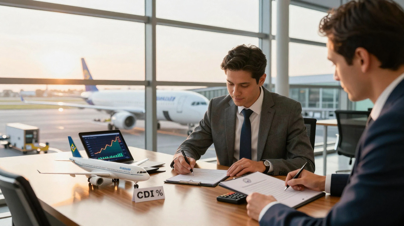 Dois homens em terno analisando gráficos e documentos em uma mesa, com miniatura de avião e aeronave ao fundo.