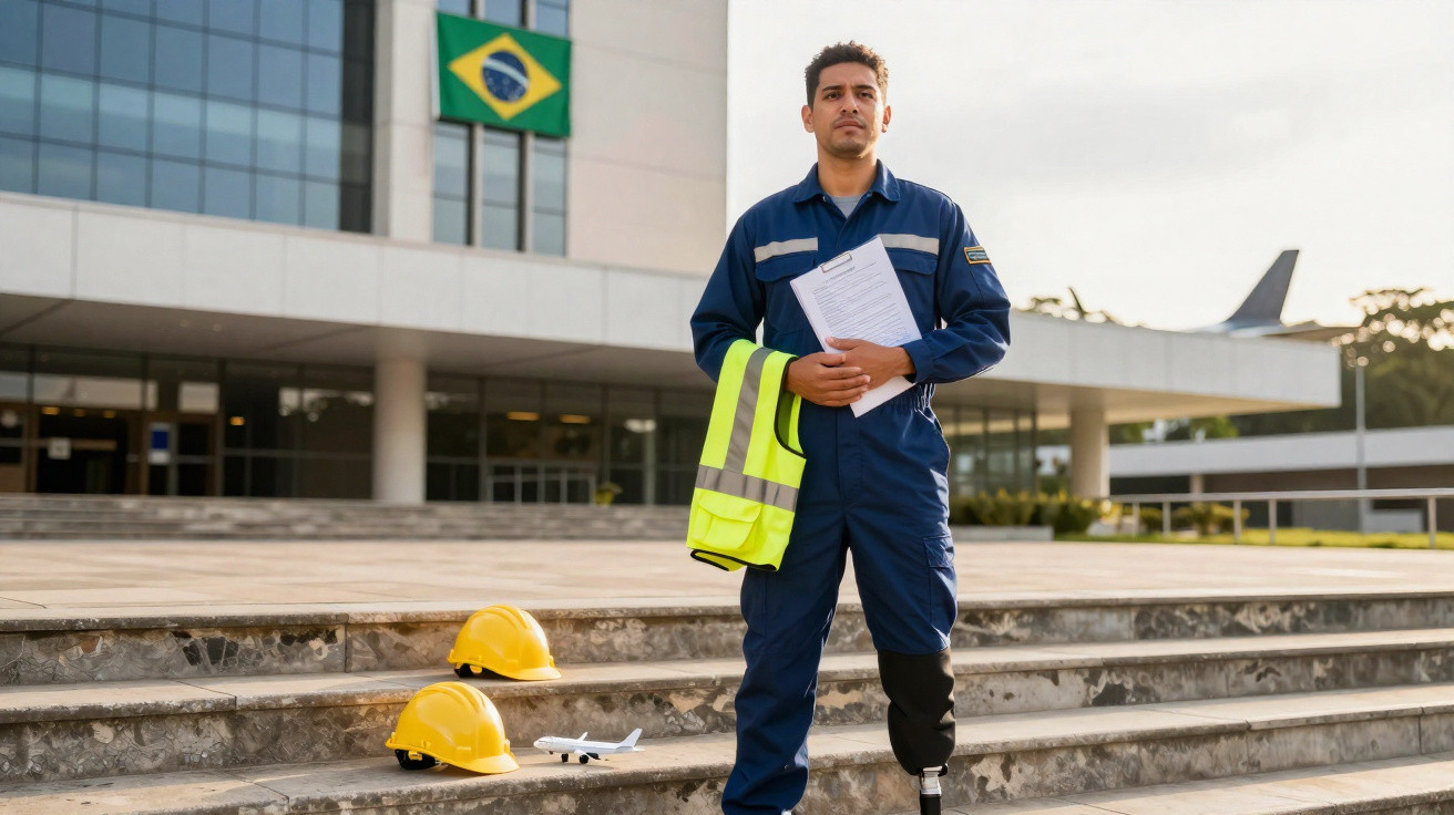 Homem com prótese na perna vestindo macacão azul, segurando colete refletivo amarelo, em escadaria com capacetes.
