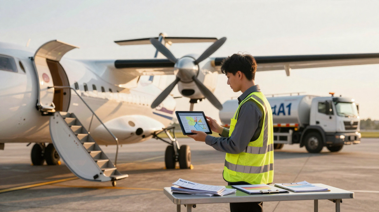 Funcionário do aeroporto com colete refletivo usando tablet próximo a avião turboélice e caminhão tanque.