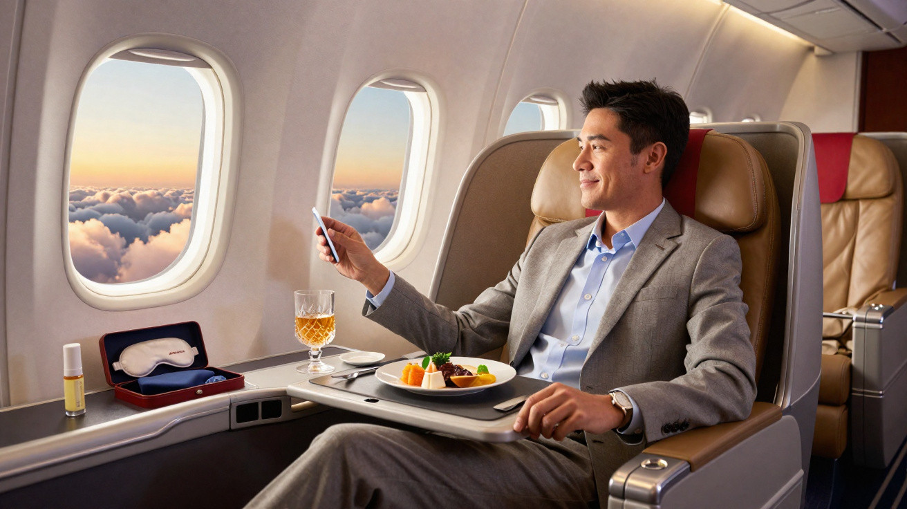 Homem sentado na classe executiva de avião, com refeição servida e paisagem de nuvens ao lado.