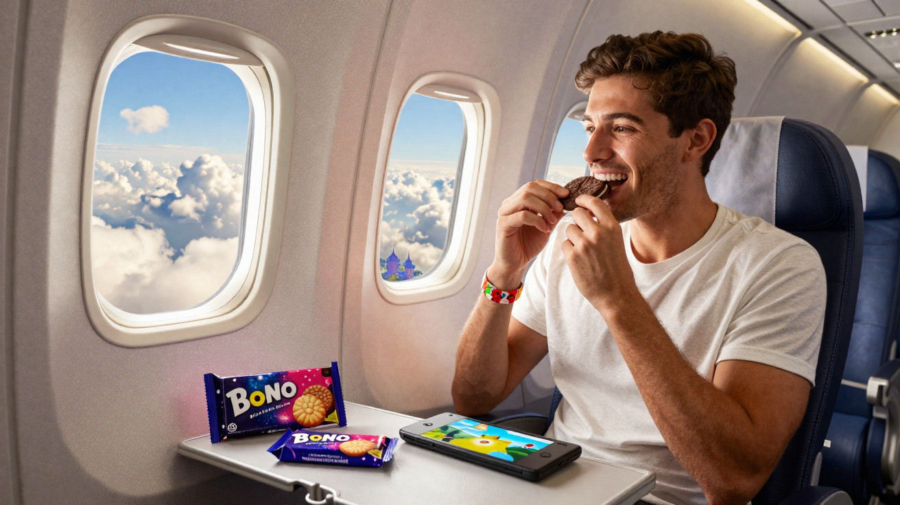 Homem sorridente com camiseta branca comendo biscoito Bono em avião, com janela mostrando céu e nuvens.