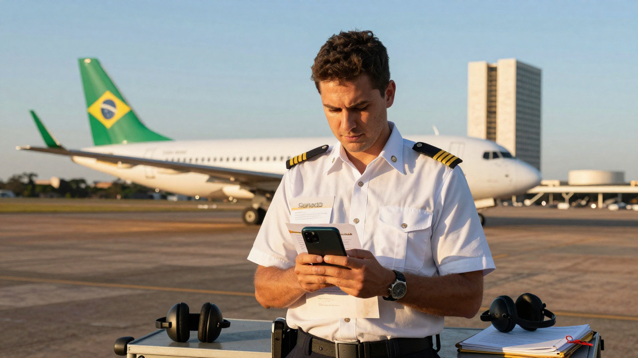 Piloto em uniforme branco verifica telefone com avião da FAB ao fundo em pista de aeroporto ao entardecer.