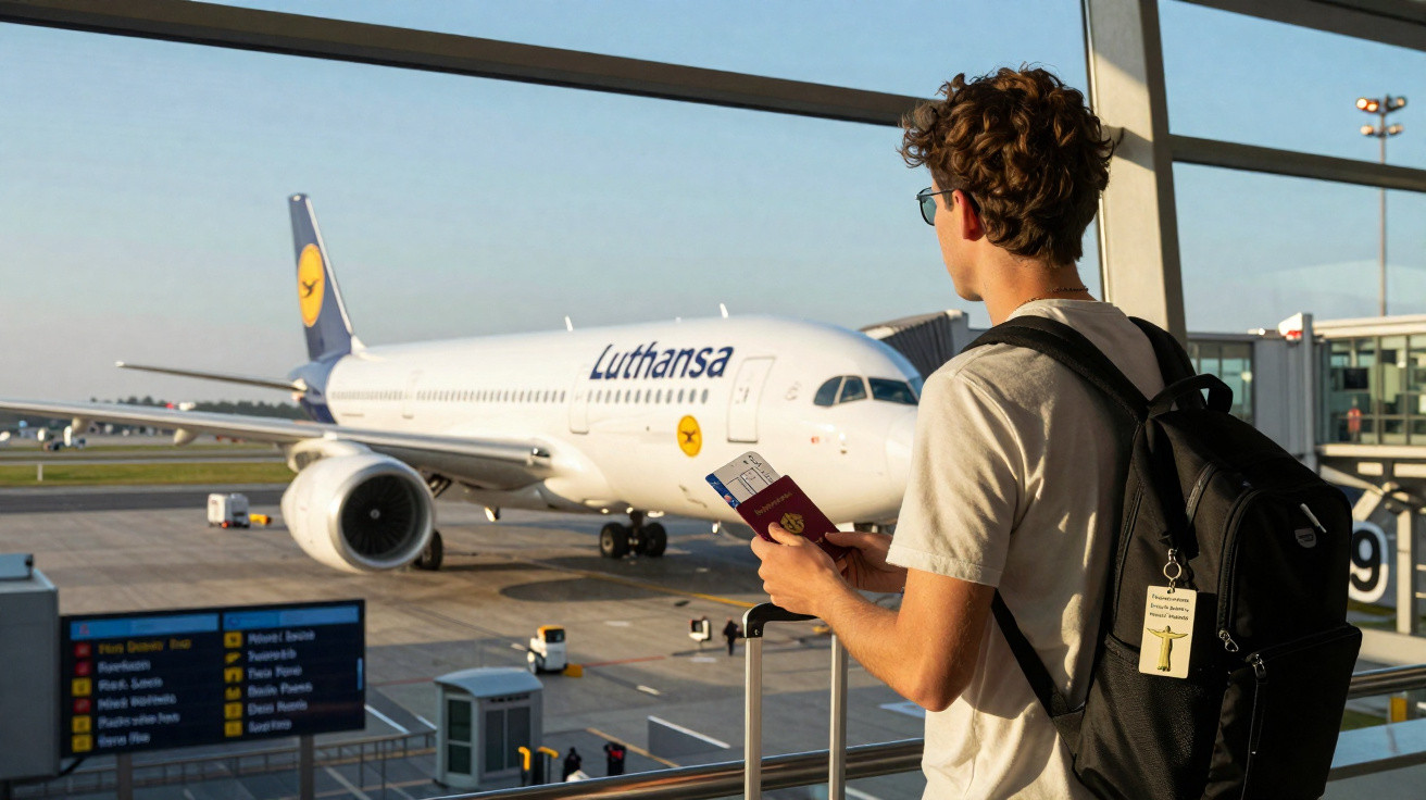 Jovem com mochila e passaporte observa avião Lufthansa no portão do aeroporto ao pôr do sol.
