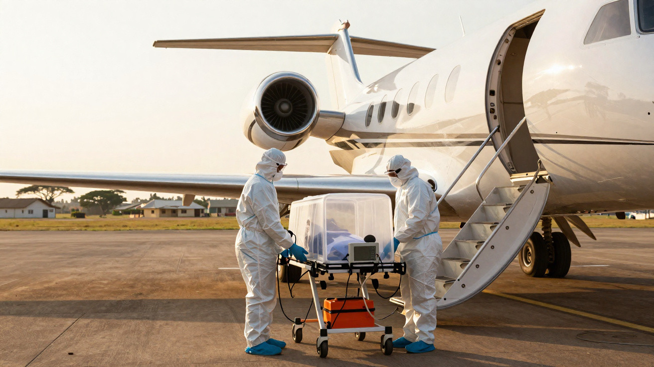 Dois profissionais em traje de proteção próxima a avião e equipamento médico para transporte de paciente.